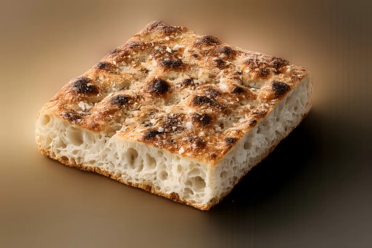 Focaccia-Stück mit knuspriger Kruste und Meersalz