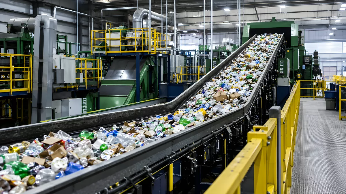 Förderbänder in moderner Recyclinganlage mit Plastikmüll