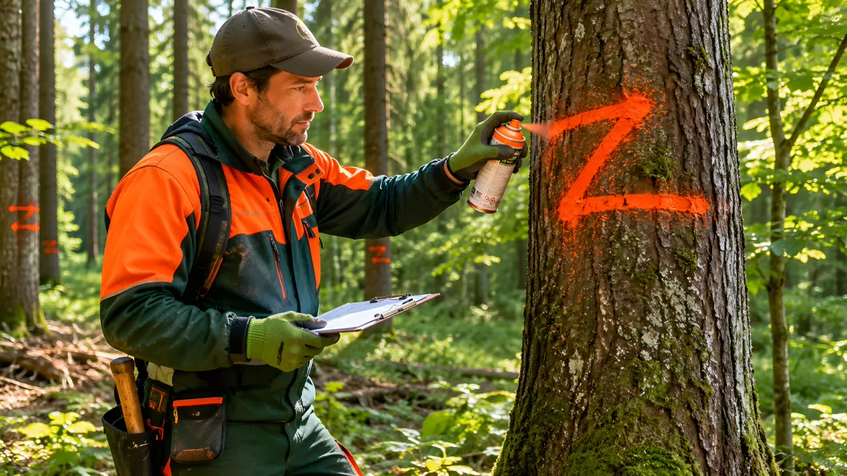 Förster markiert Baum mit orangener Sprühfarbe im Wald