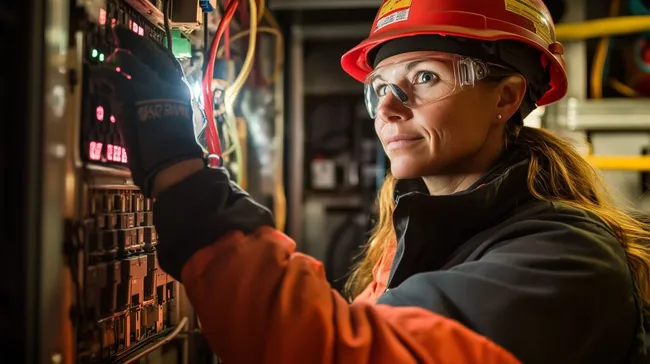 Fokussierte Elektrikerin repariert Schaltkasten