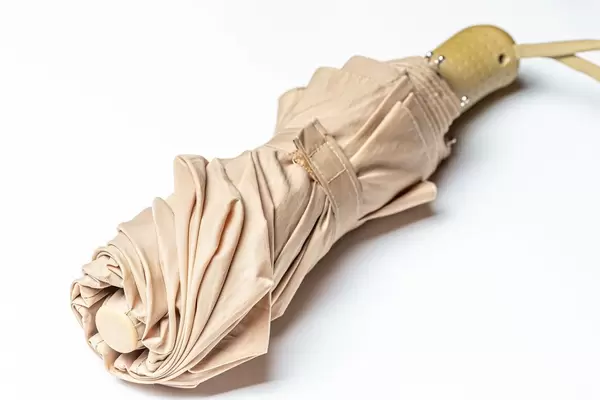 Folded beige umbrella on a white background (Flip 2020)