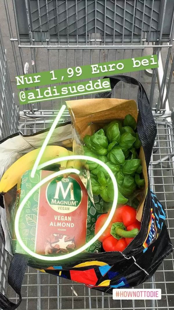 Food-Blogger postet Instagrambild von gesunden Einkauf im Einkaufswagen und dem veganen Mandeleis "Magnum vegan almond" von Aldi Süd