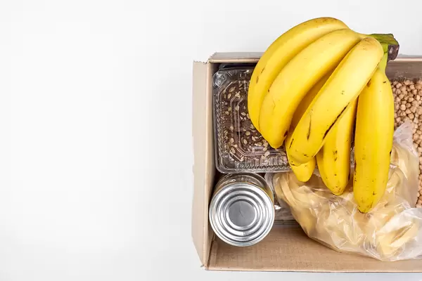 Food donations and food bank concept with copy space