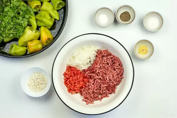 Food ingredients with bell peppers, stuffed meat, tomato, onions, salt and other spices on white