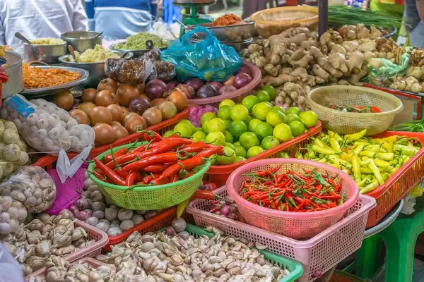 Food market with local vegetables in Saigon, Vietnam
