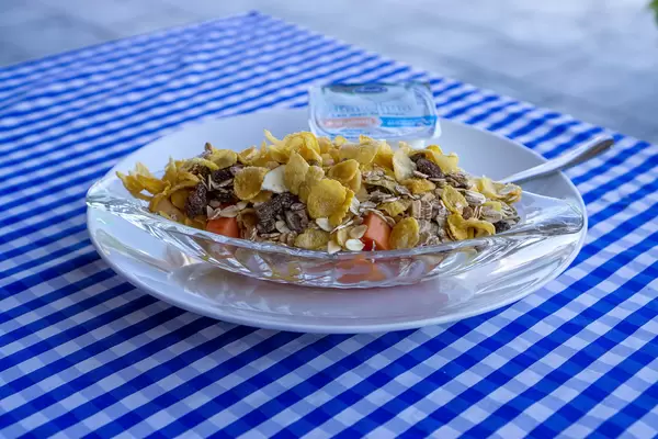Food Photo of Breakfast Muesli Bowl with Rolled Oats, Seeds, Dried Fruits, Nuts, Fresh Fruits  and Yogurt on a White Ceramic Plate