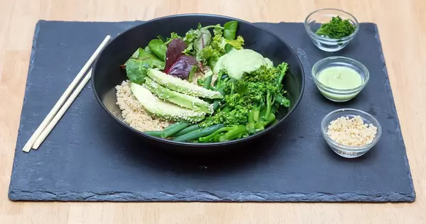 Food Photo of Vegan Green Bowl with Broccoli, Salad, Avocado and Sesame with Avocado Coriander Dressing