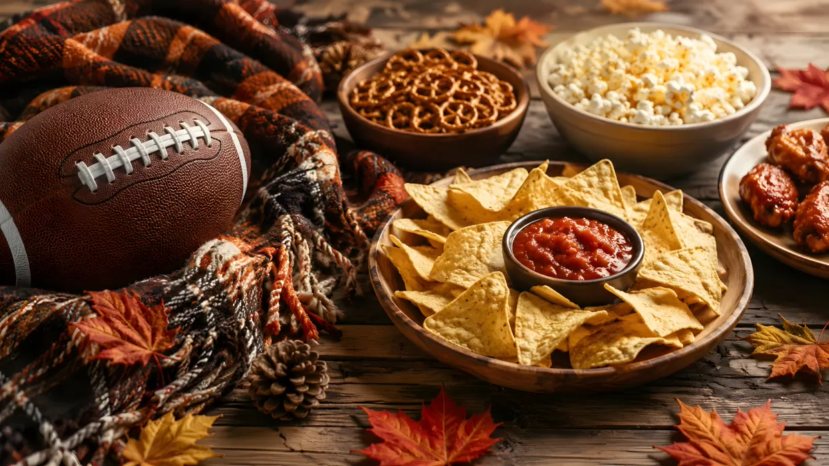 Football-Snacks mit Nachos, Popcorn und Chicken Wings
