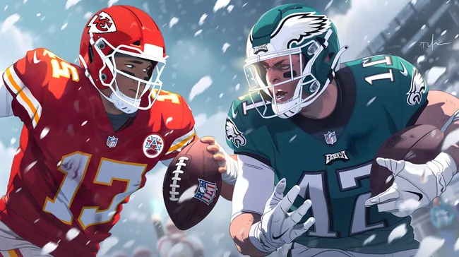 Football-Spieler der Kansas City Chiefs und Philadelphia Eagles im Zweikampf