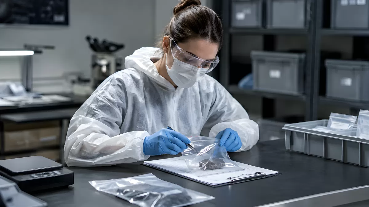 Forensikerin untersucht Beweismittel im Labor