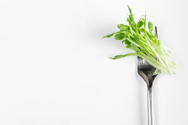 Fork with fresh pea sprouts on a white background. The concept of a healthy diet, free space