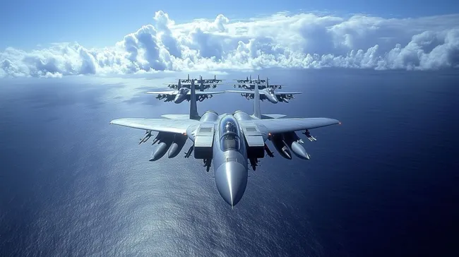 Formation von Kampfjets über dem Ozean bei Sonnenschein