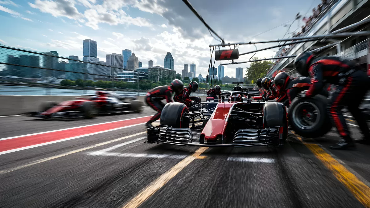 Formel-1-Boxenstopp mit Crew in einer Stadtkulisse