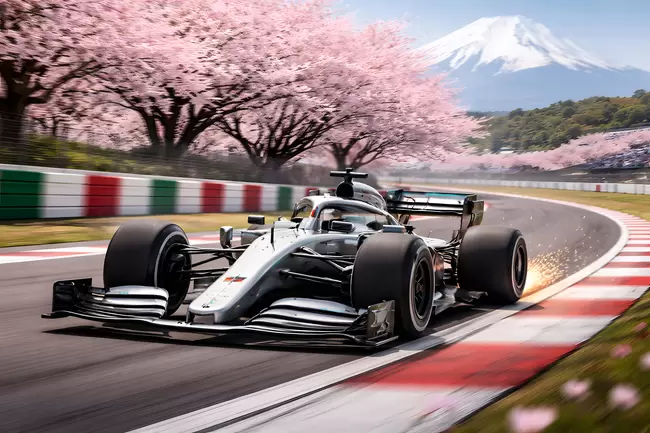 Formel-1-Rennwagen in Kirschblütenlandschaft in Japan