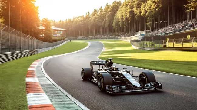 Formel-1-Rennwagen rast über die Rennstrecke bei Sonnenuntergang