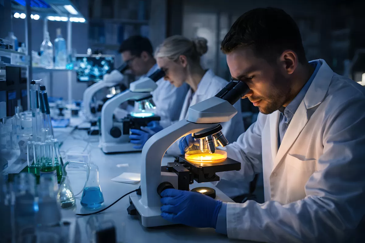Forschende bei der mikroskopischen Untersuchung im Labor