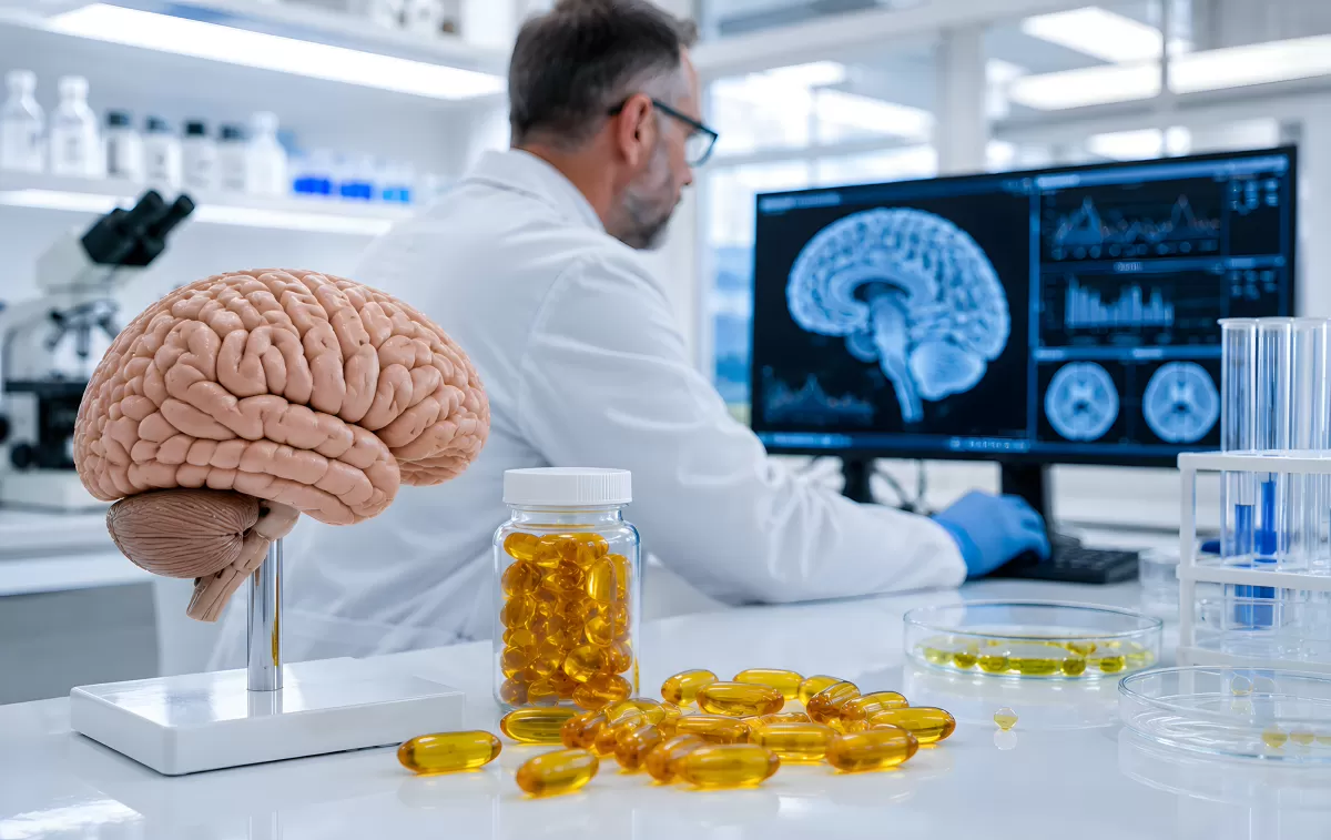 Forscher analysiert Gehirn und Omega-3-Kapseln im Labor