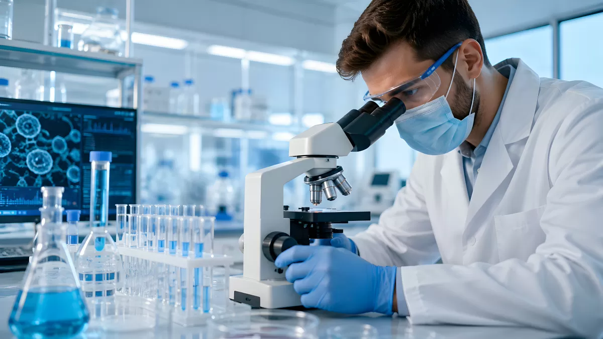 Forscher analysiert Probe unter Mikroskop im Labor