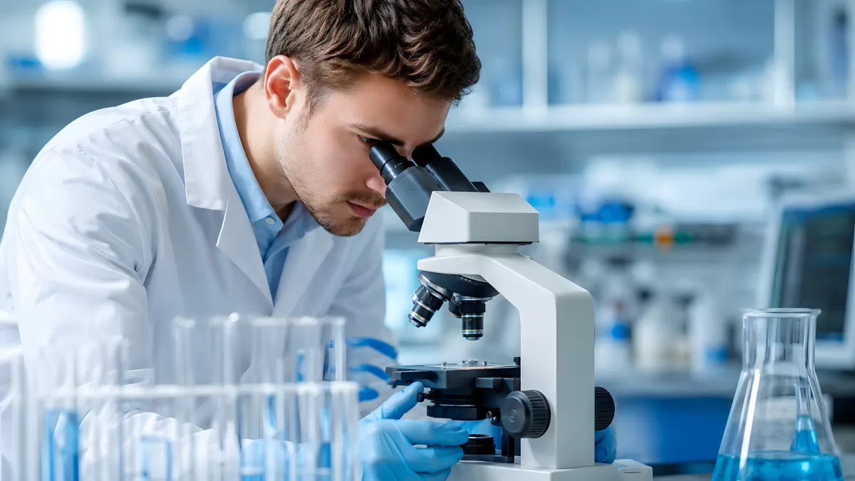 Forscher analysiert Probe unterm Mikroskop