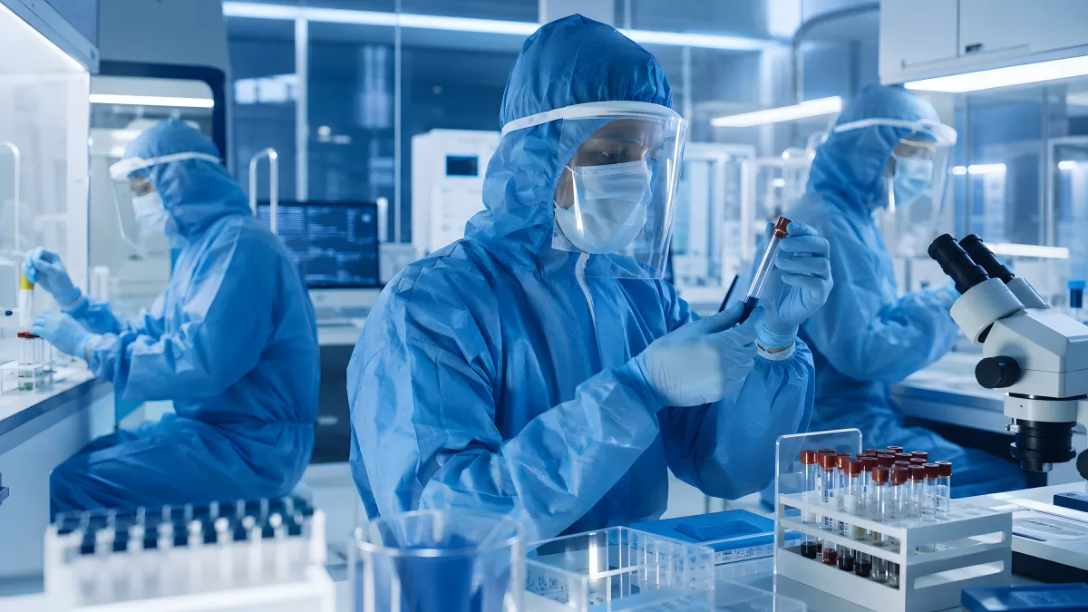 Forscher in Schutzanzügen analysieren Blutproben im Labor