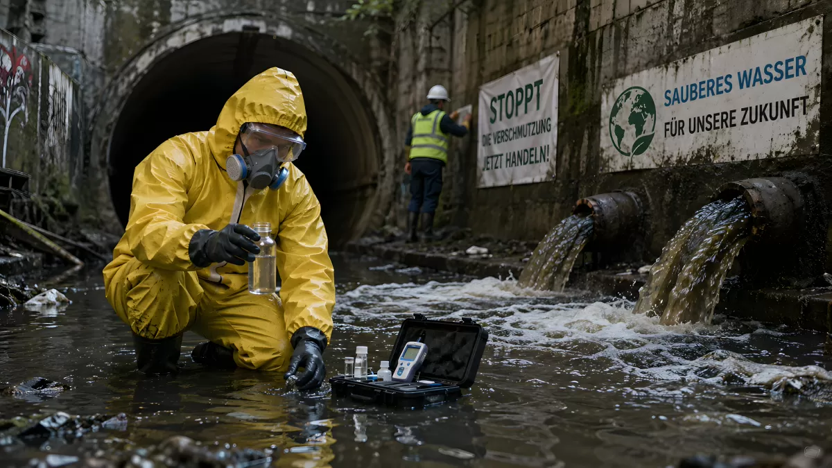 Forscher nimmt Wasserproben an verschmutztem Abwasserkanal