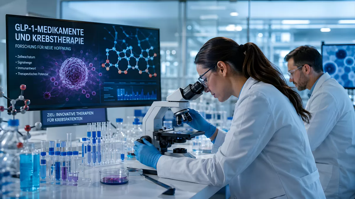 Forscherin am Mikroskop bei GLP-1-Krebstherapie-Studie