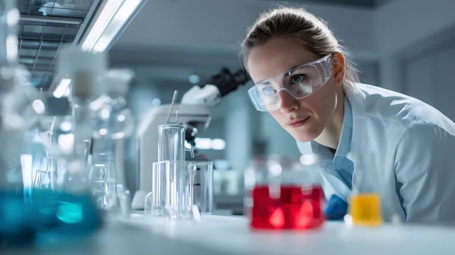 Forscherin bei chemischer Analyse im modernen Labor