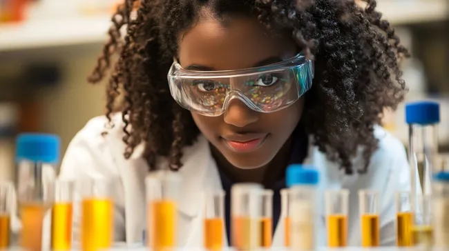 Forscherin mit Schutzbrillen untersucht Flüssigkeiten im Labor