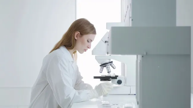 Forscherin untersucht Probe unter Mikroskop im Labor