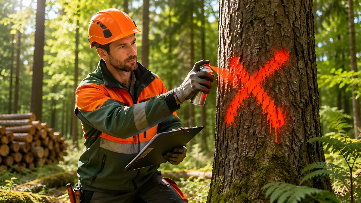 Forstwirt markiert Baum mit rotem Kreuz im Wald