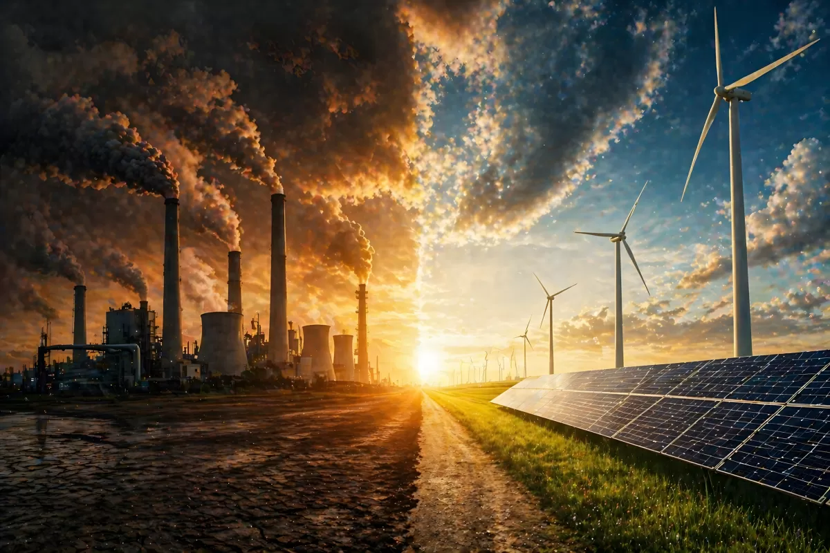 Fossile Industrie trifft auf erneuerbare Energien bei Sonnenuntergang