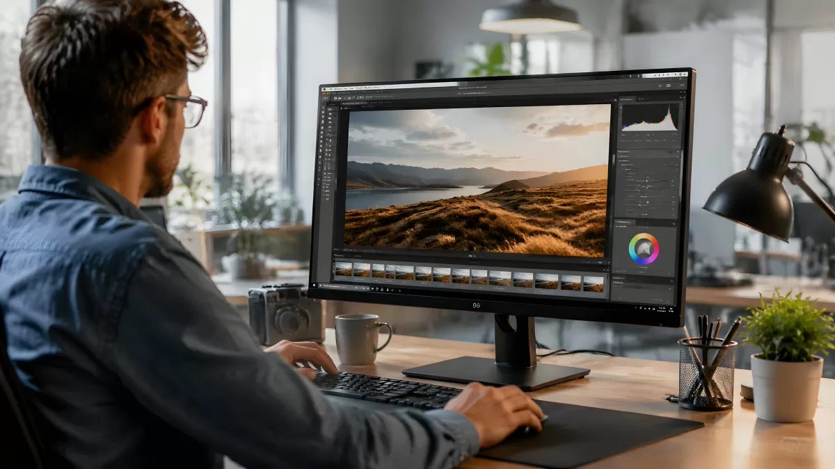 Fotograf bearbeitet Landschaftsaufnahme am PC