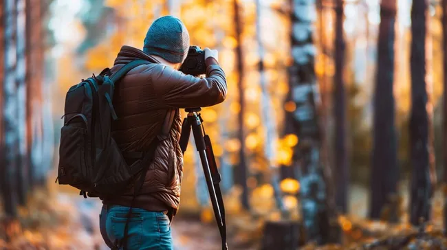 Fotograf fotografiert Herbstlandschaft bei Sonnenuntergang