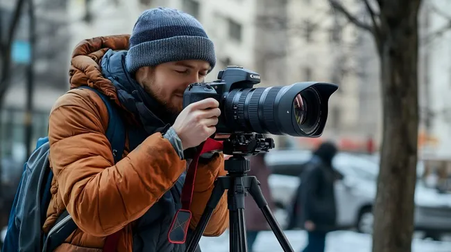 Fotograf nimmt Outdoor-Aufnahme mit Stativ auf