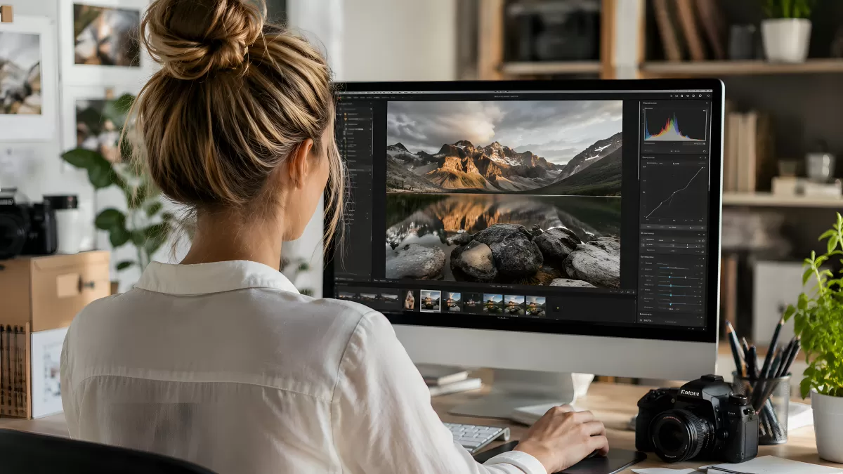 Fotografin bearbeitet Landschaftsfotos am Computer