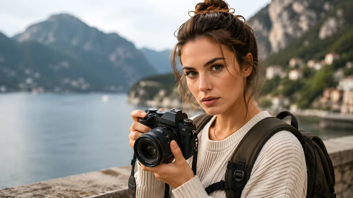Fotografin mit Kamera am Seeufer vor Bergpanorama