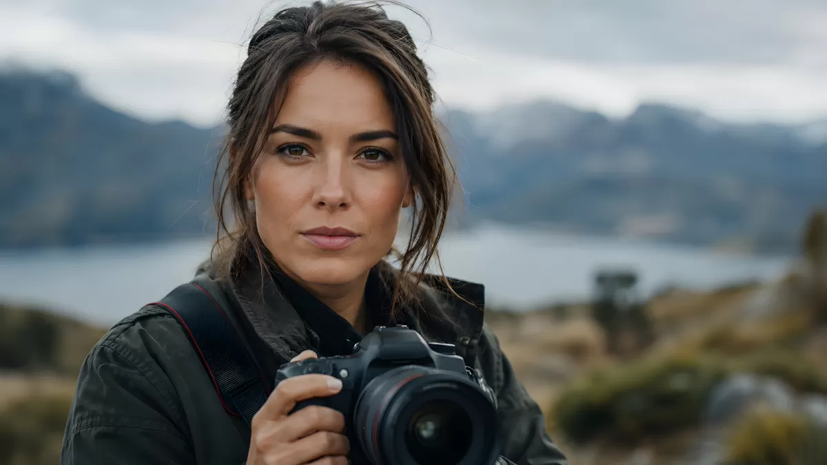 Fotografin mit Kamera vor Bergsee und Wolkenhimmel