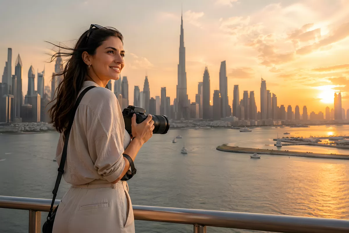 Fotografin mit Kamera vor der Skyline von Dubai