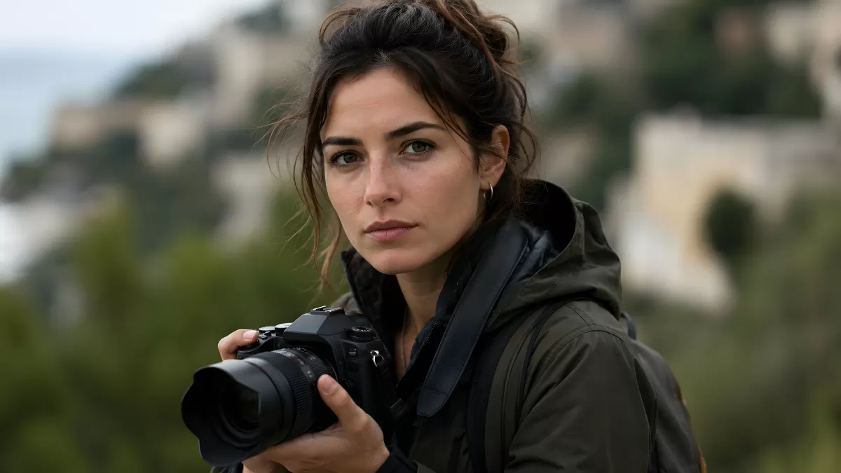 Fotografin mit Kamera vor mediterraner Stadtkulisse