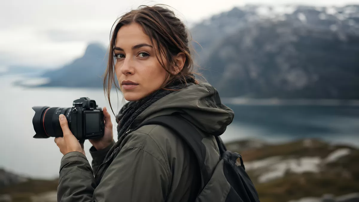 Fotografin mit Kamera vor nordischer Fjordlandschaft