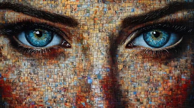 Fotomontage mit leuchtend blauen Augen auf buntem Hintergrund