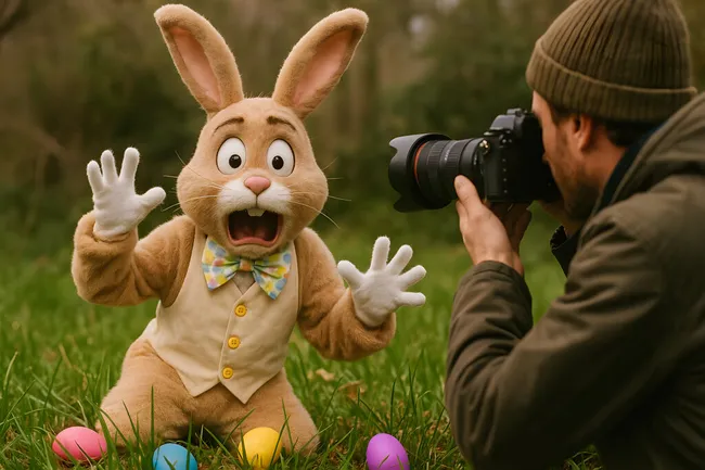 Fotoshooting des fröhlichen Osterhasen in der Natur