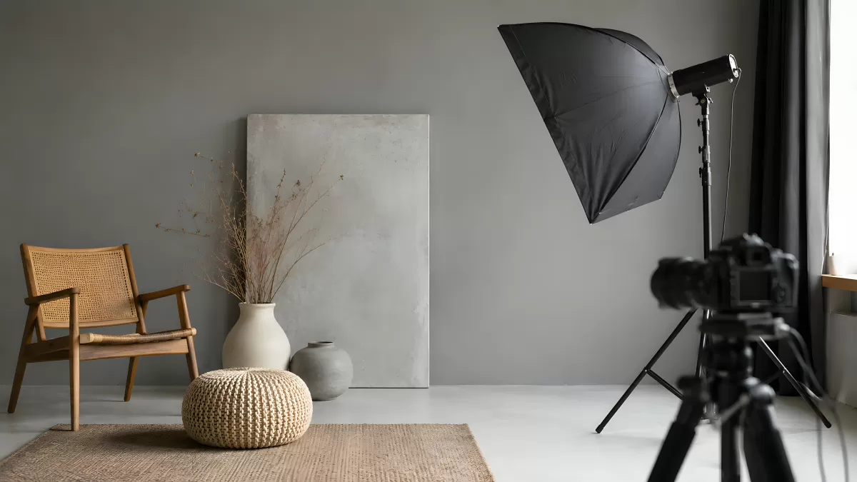 Fotostudio mit Stuhl, Softbox und Kamera auf Stativ
