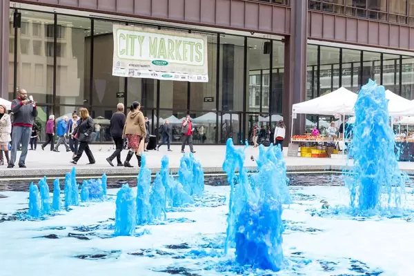 Fountain at City Market in Chicago with blue colored water