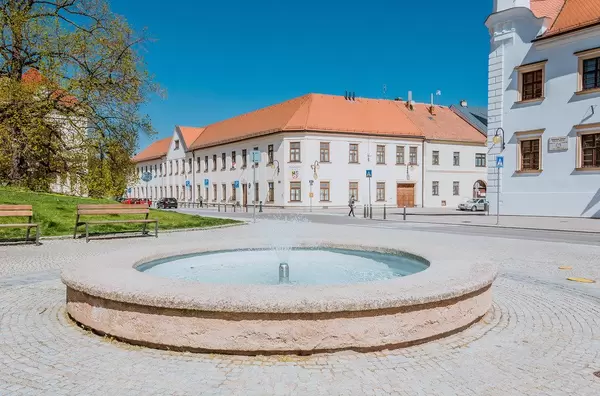 Fountain at gable facade of historical Austerlitz palace