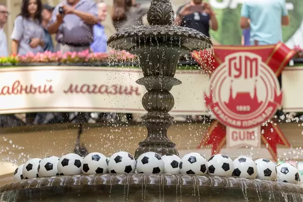 Fountain with soccer balls at GUM mall in Moscow
