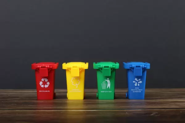 Four colorful recycle bins on wooden table