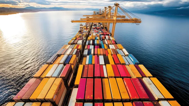 Frachtcontainer in Häfen bei Sonnenuntergang