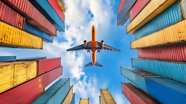 Frachtcontainer und Flugzeug in bunter Luftaufnahme