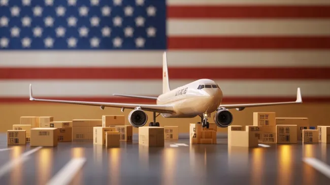 Frachtflugzeug und Versandkisten vor amerikanischer Flagge